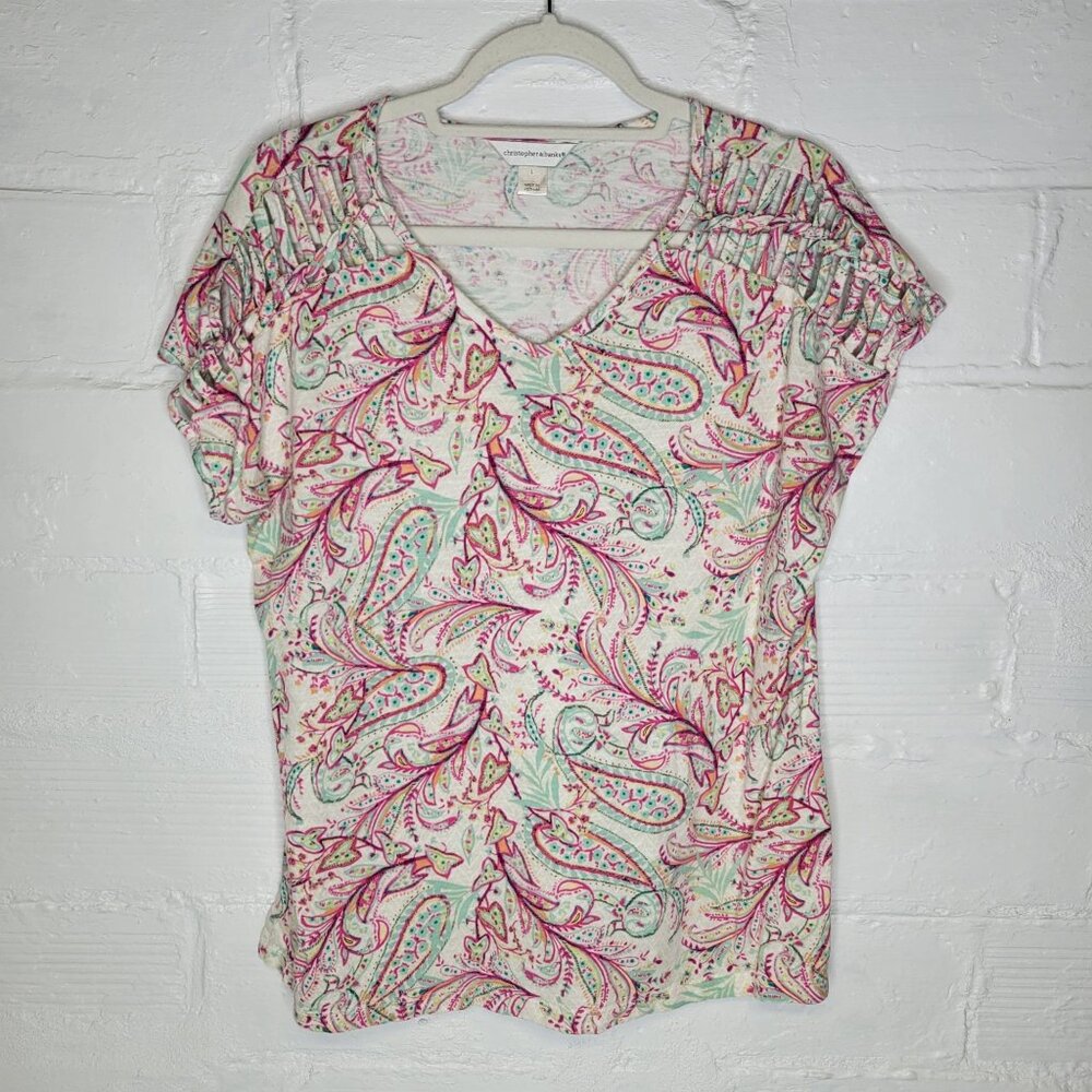Christopher & Banks Women's Large Shirt Top Cap Sleeve Pink Paisley